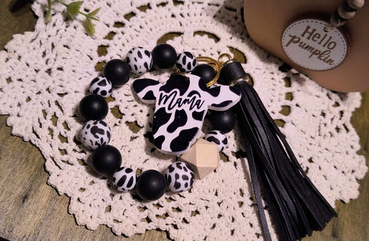 Wristlet - Silicone Beads/Cow Print/Black/Cowhead Mama