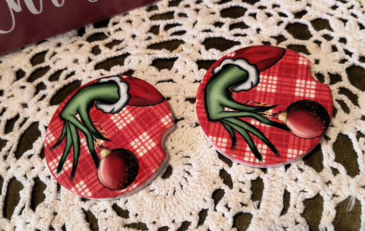 Christmas Ceramic Car Coasters - Grinch Hand