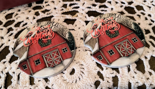 Christmas Ceramic Car Coasters - Red Barn