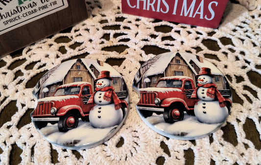 Christmas Ceramic Car Coasters - Red Truck Snowman