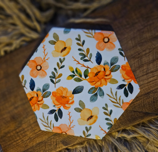 Desk Coaster 4" Hexagon- Flowers