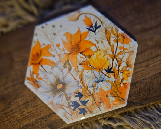 Desk Coaster 4" Hexagon- Flowers