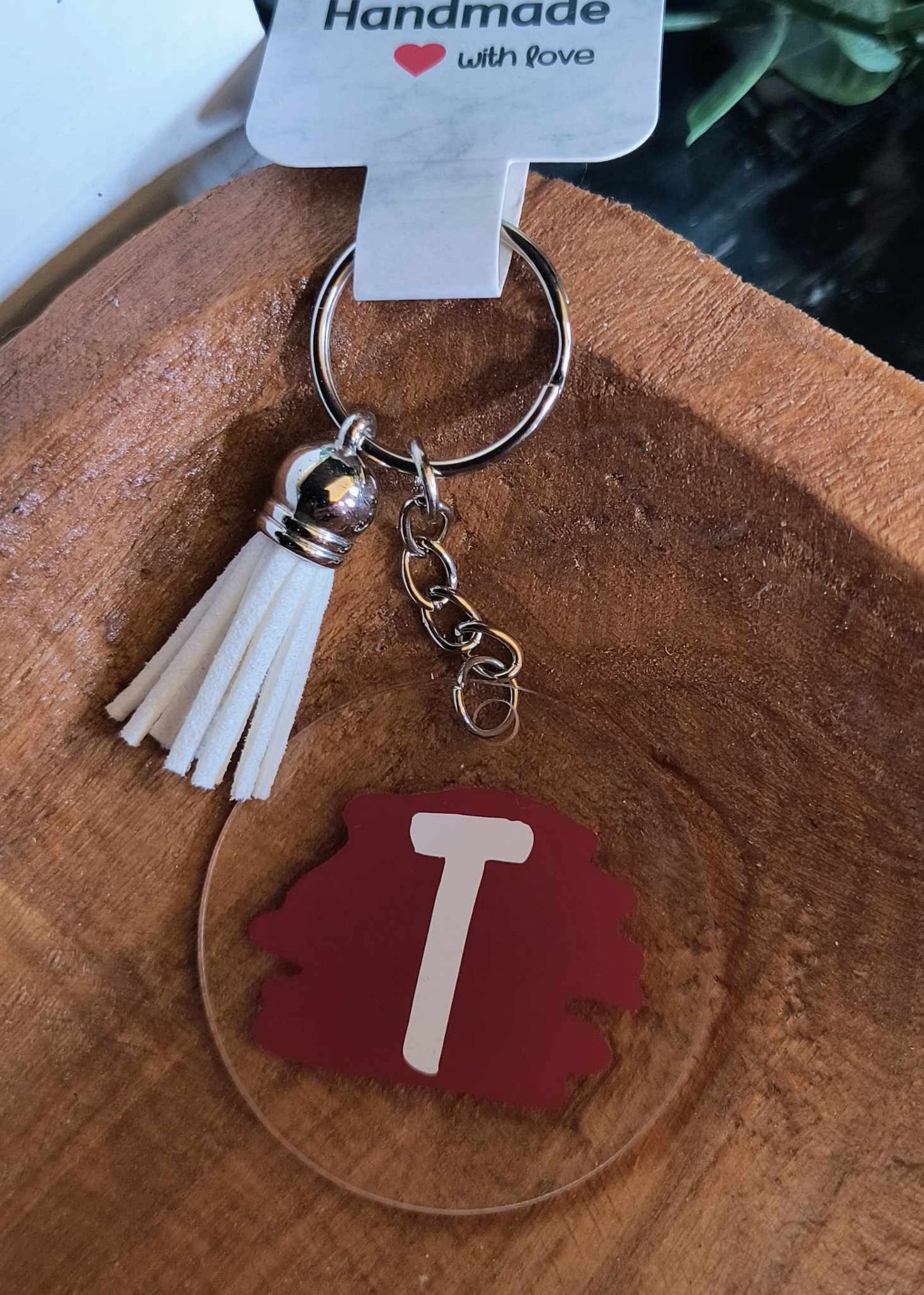 Backpack/Purse Initial Keychain - Deep Red/White